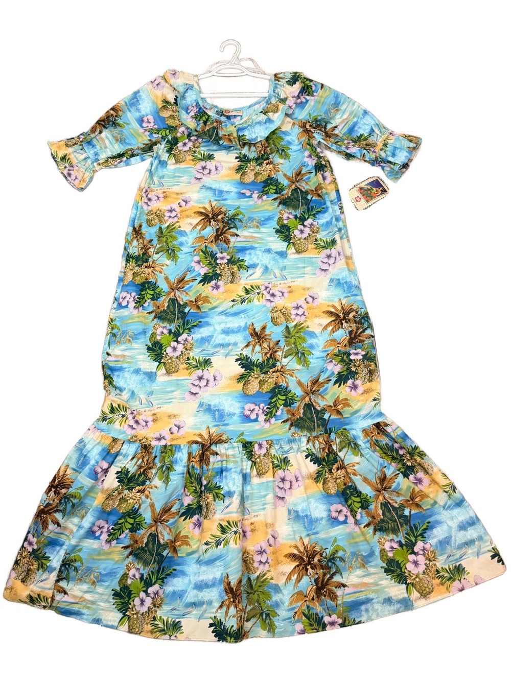 Vintage Hilo Hattie NWT Hawaiian Long Muumuu Dress Small Blue Scenic Style 693